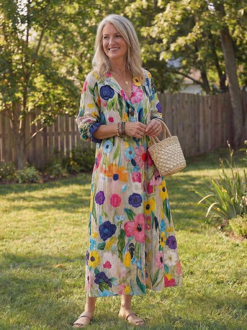 Anke | Elegantes Floral-Maxikleid mit Knopfleiste