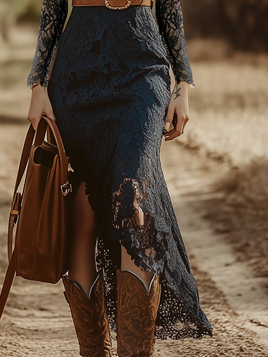 Marie | Elegantes Langarm-Midikleid mit edlem Spitzendesign