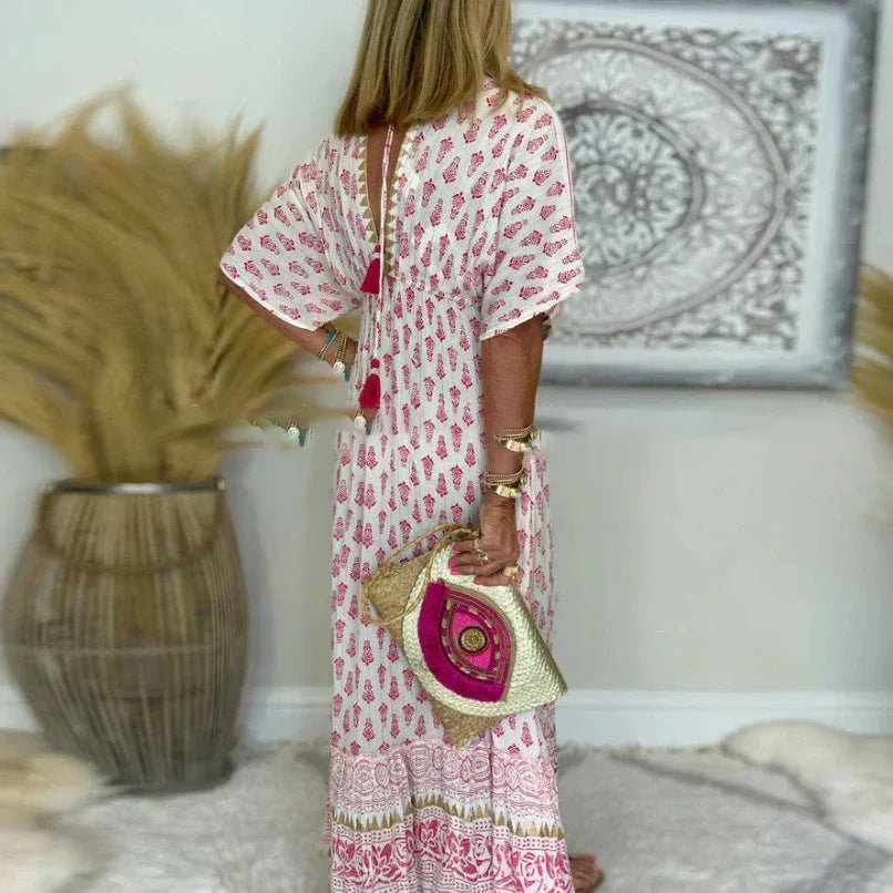 Heike | Elegantes und fließendes Kurzarm-Maxikleid mit Boho-Print