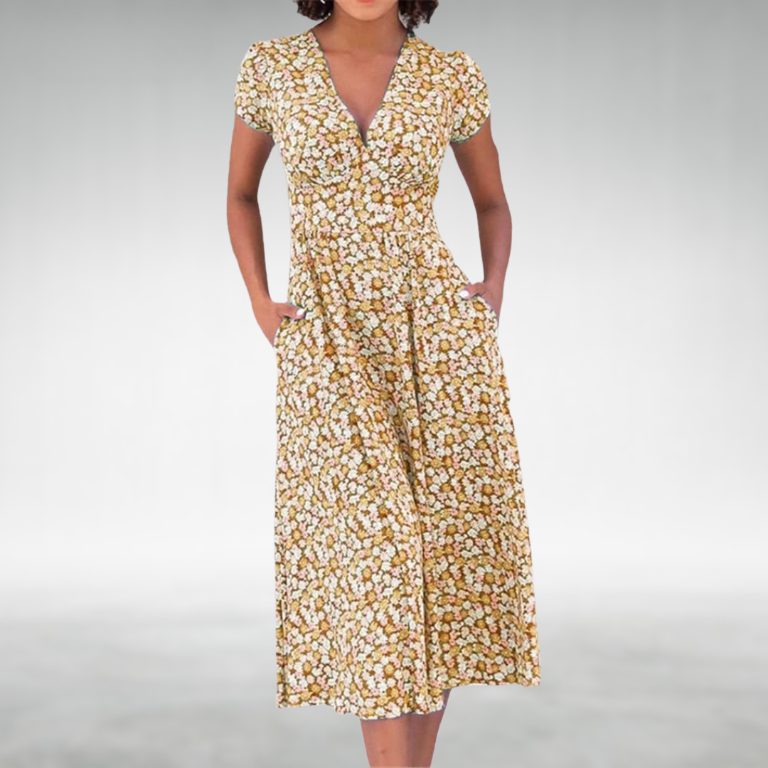 Clara | Elegantes V-Ausschnitt Midikleid mit Blütendruck