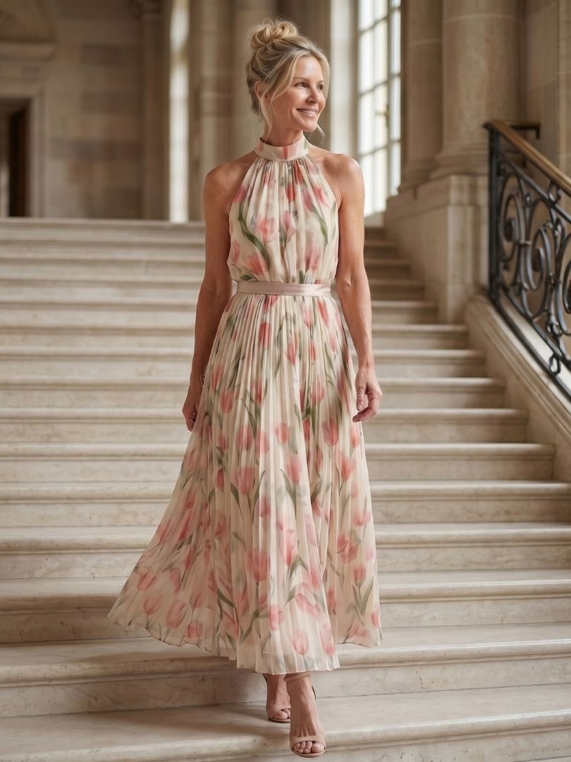 Luviaren™ | Midi Blumenkleid mit Halter-Ausschnitt und Taillengürtel