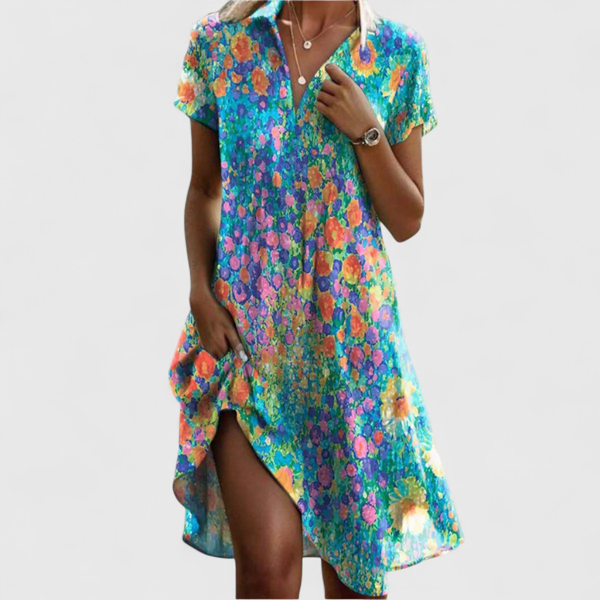 Aurelis™ | Fließendes Boho Sommerkleid mit kurzen Ärmeln