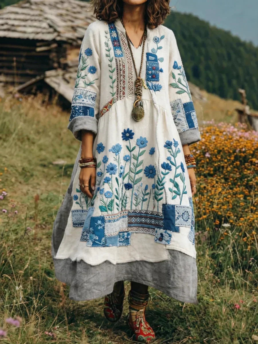 Aurelia™ | Boho Langarmkleid mit Patchwork Blumenmuster