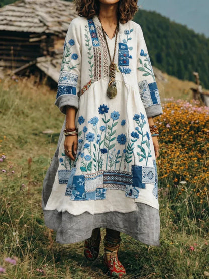 Aurelia™ | Boho Langarmkleid mit Patchwork Blumenmuster