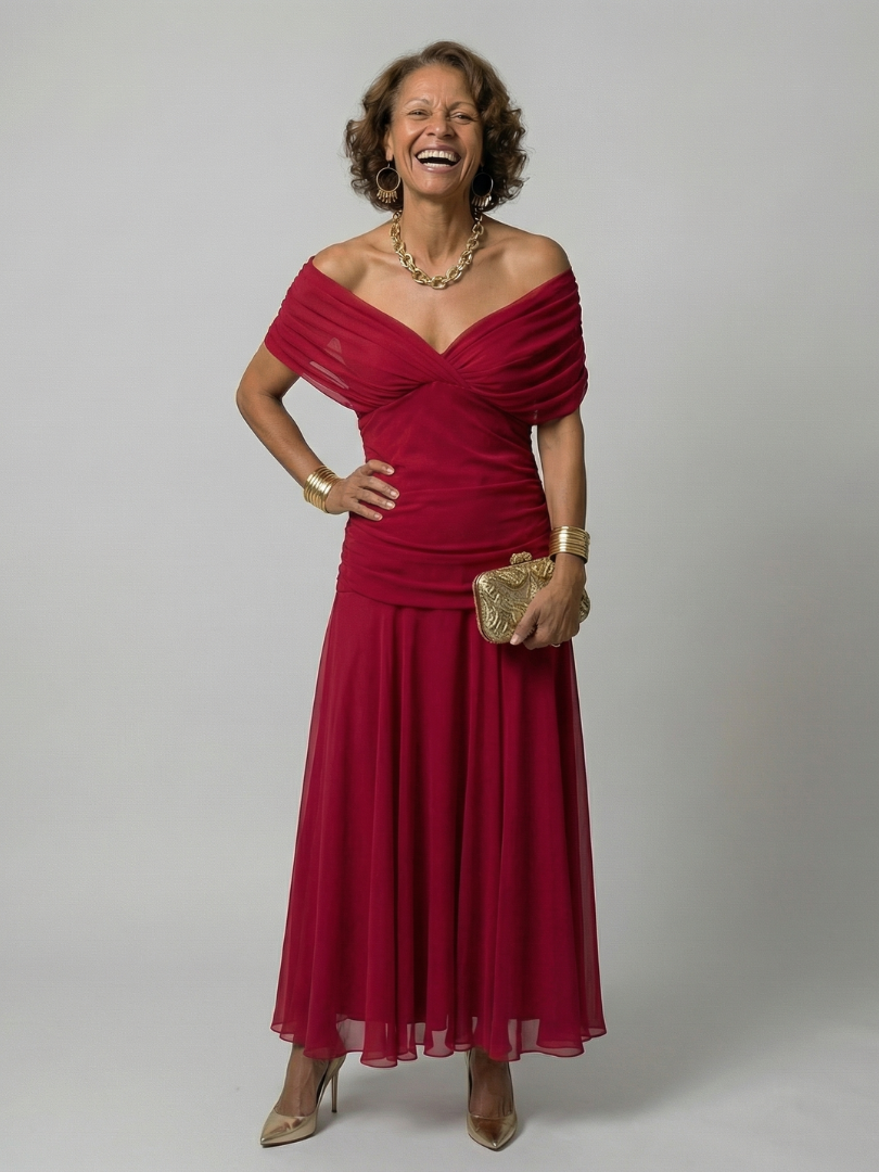Aurelis™ | Off-Shoulder Midi Kleid mit drapiertem Ausschnitt