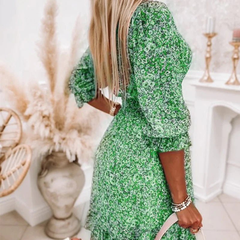 Luviaren™ | Midi Blumenkleid mit V-Ausschnitt und Puffärmeln
