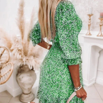 Luviaren™ | Midi Blumenkleid mit V-Ausschnitt und Puffärmeln