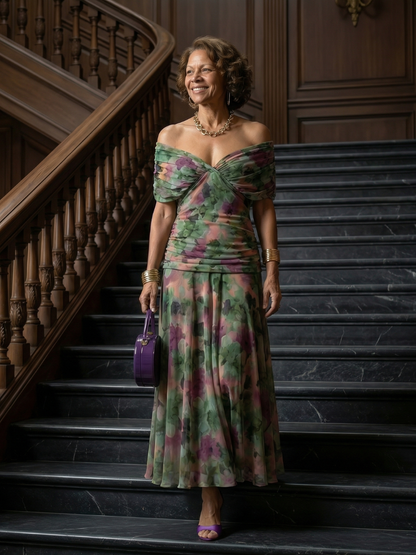 Aurelis™ | Off-Shoulder Midi Kleid mit drapiertem Ausschnitt