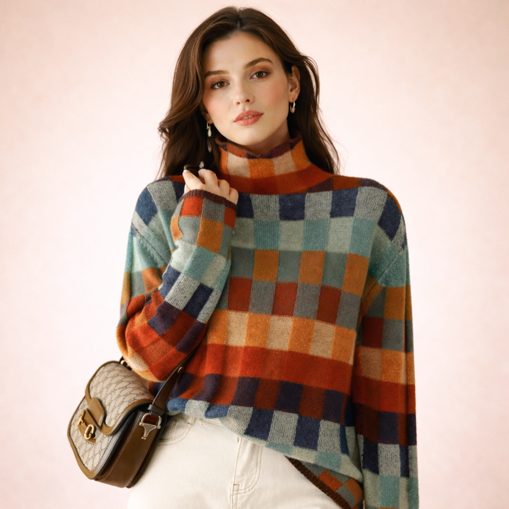 Kathrin | Mehrfarbig karierter Rollkragenpullover