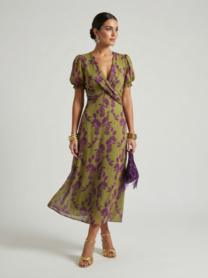 Luviaren™ | Midi-Kleid mit Blumenmuster und Wickel-Ausschnitt