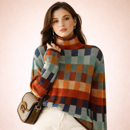 Kathrin | Mehrfarbig karierter Rollkragenpullover