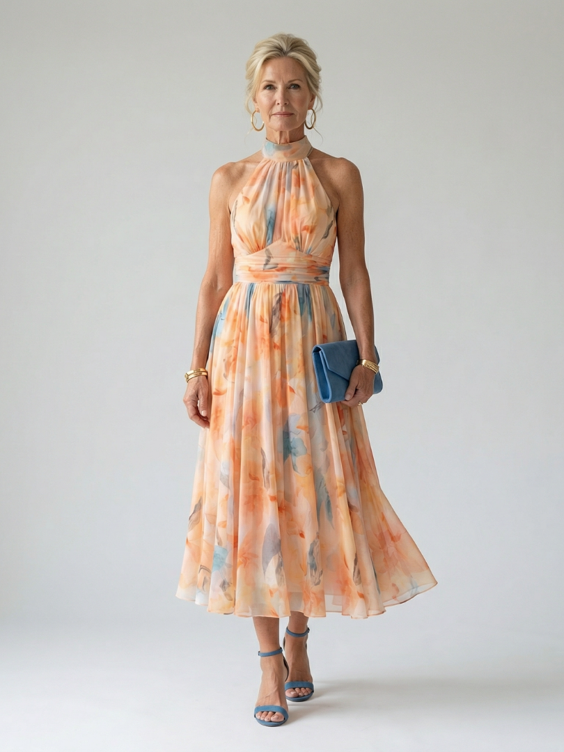 Aurelis™ | Midi-Kleid mit Halterneck und gerafftem Oberteil