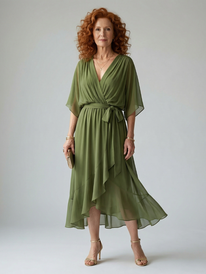 Luviaren™ | Midi-Kleid mit Drapierung und Bindegürtel