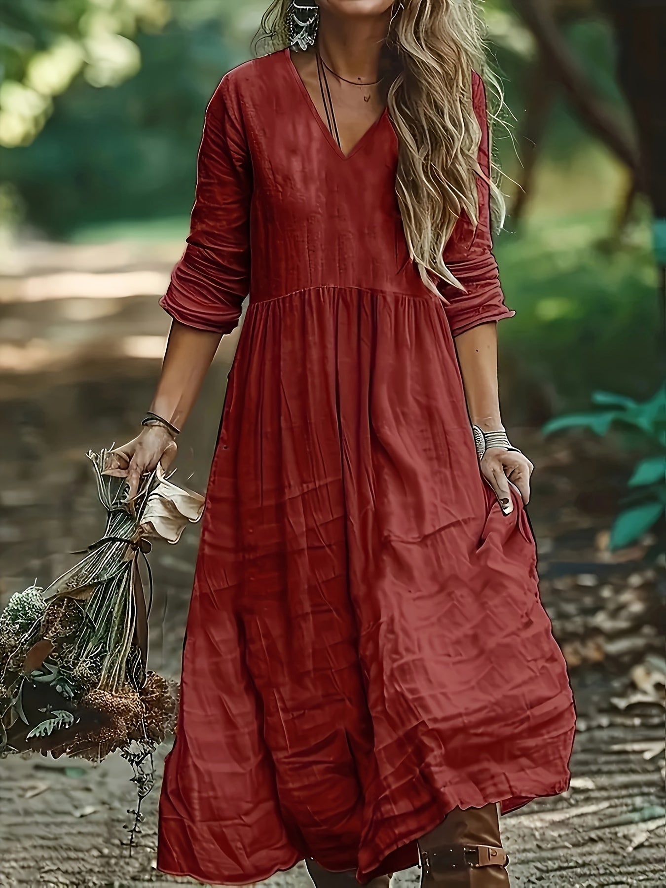 Aureliah™ | Langarmkleid mit V-Ausschnitt und Boho Passform