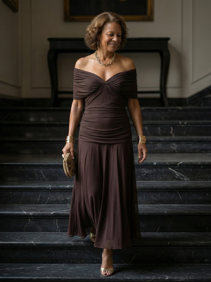 Aurelis™ | Off-Shoulder Midi Kleid mit drapiertem Ausschnitt
