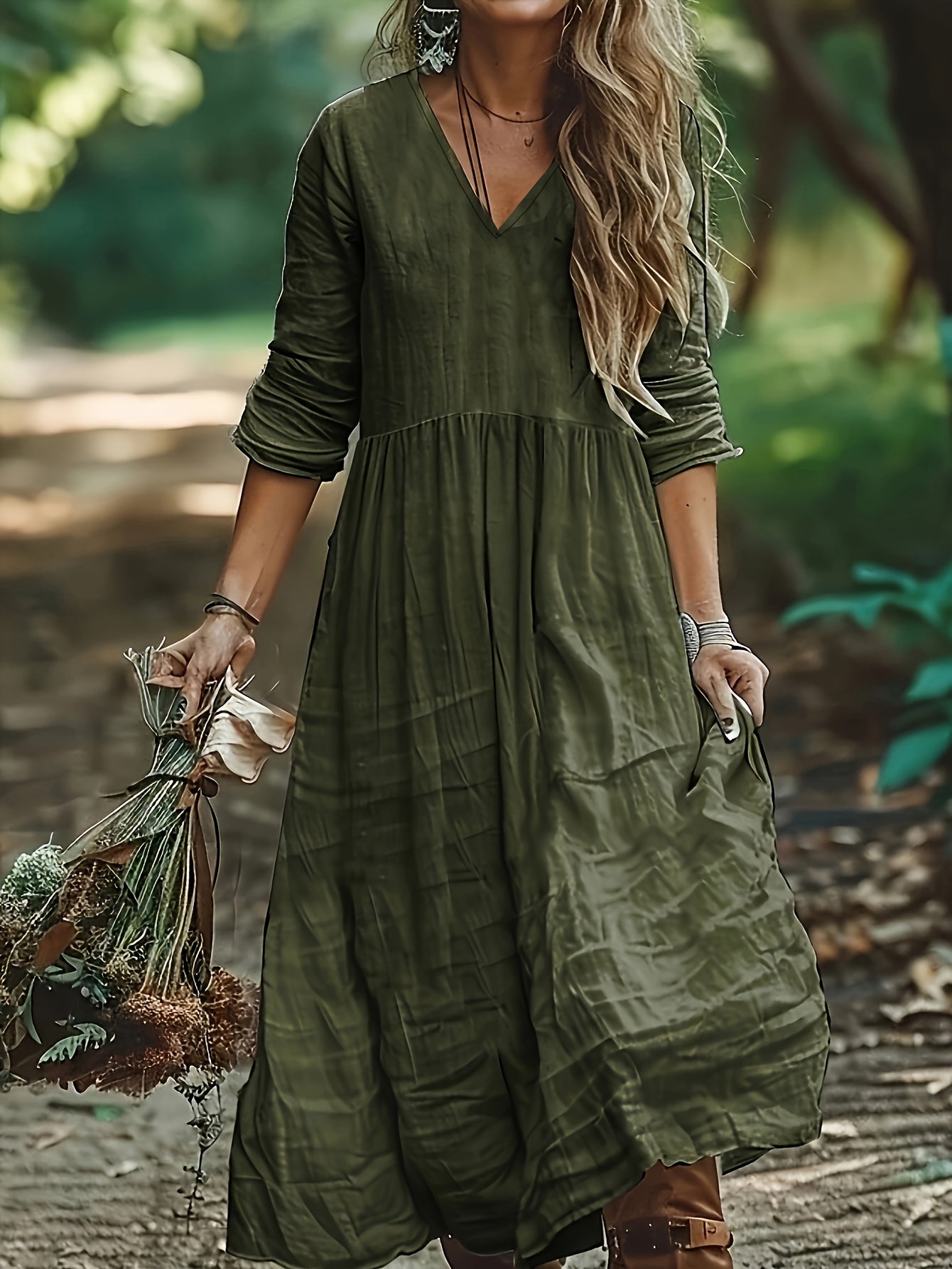Aureliah™ | Langarmkleid mit V-Ausschnitt und Boho Passform