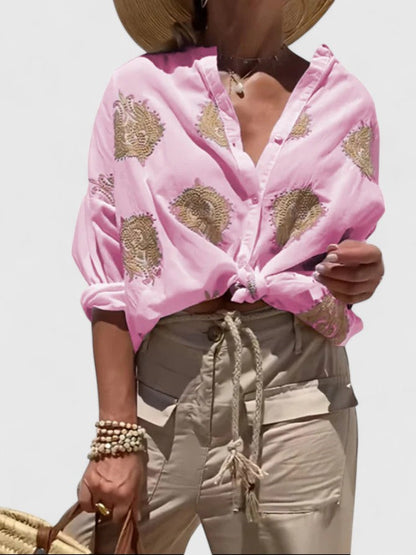 Valerien™ | Damen Bluse mit floraler Stickerei und Roll-up Ärmeln