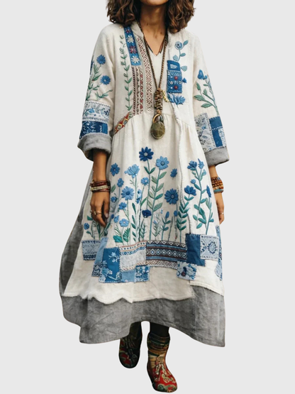 Aurelia™ | Boho Langarmkleid mit Patchwork Blumenmuster