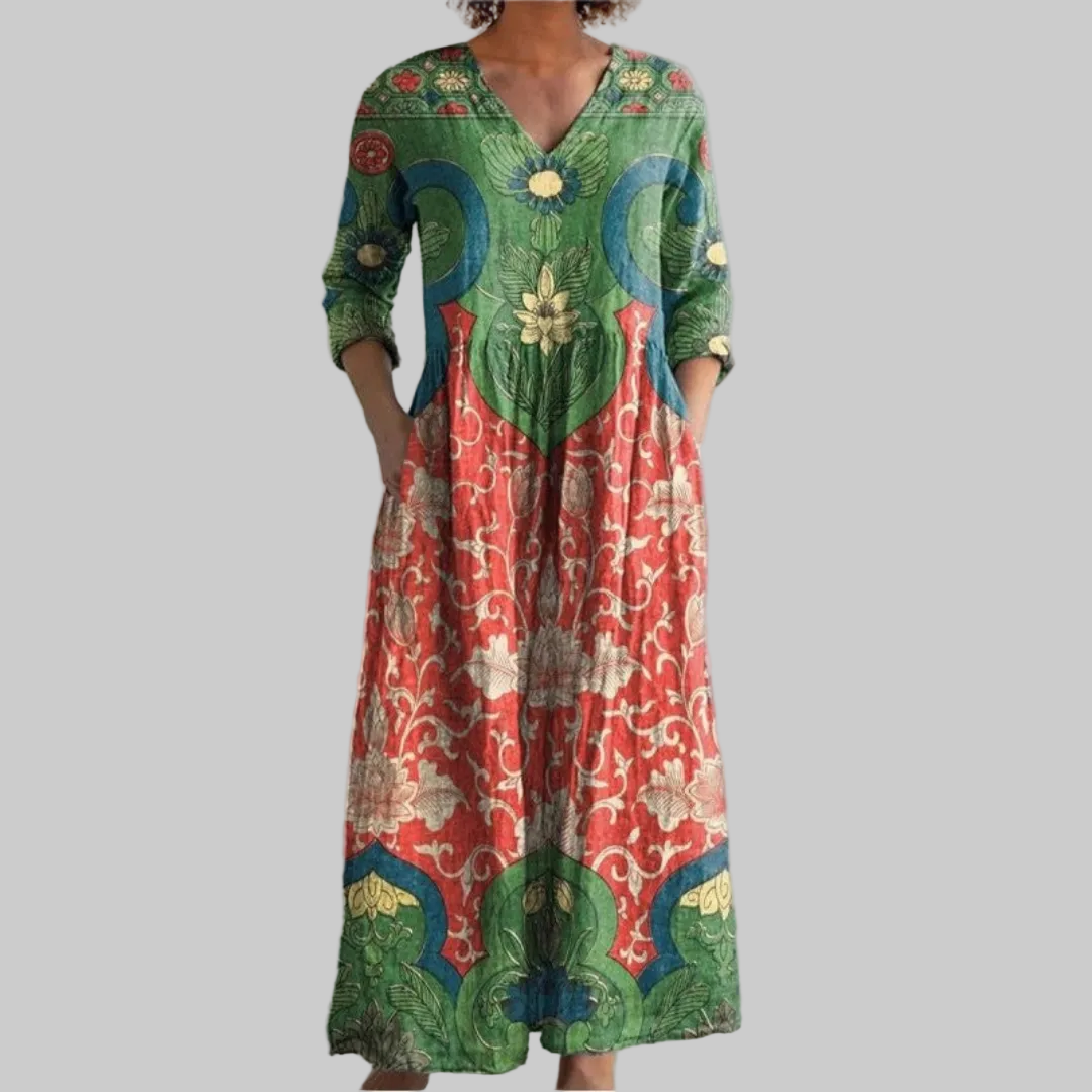 Kronberg™ | Vintage Maxikleid mit Blumenmuster und V-Ausschnitt