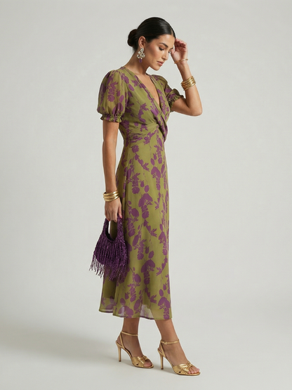 Luviaren™ | Midi-Kleid mit Blumenmuster und Wickel-Ausschnitt