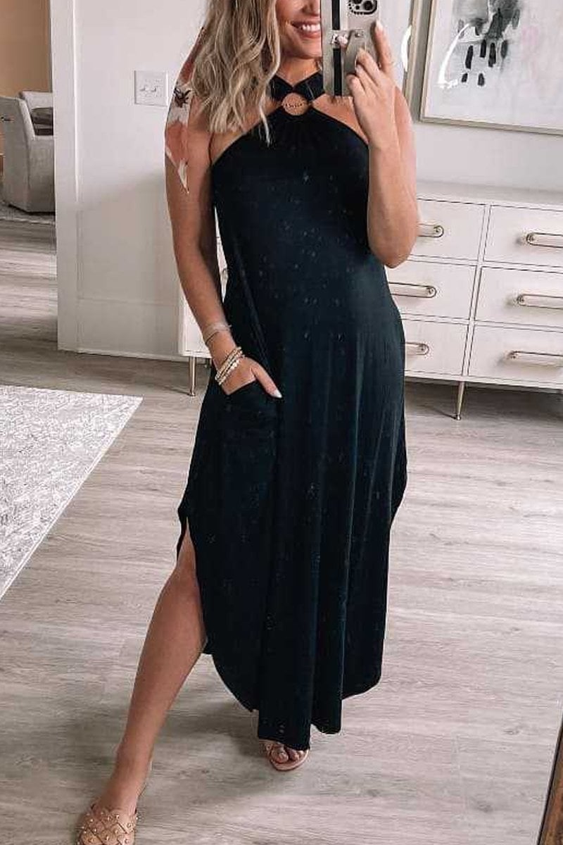 Aurelis™ | Elegantes Halter Maxikleid mit Ringdetail und Seitentaschen