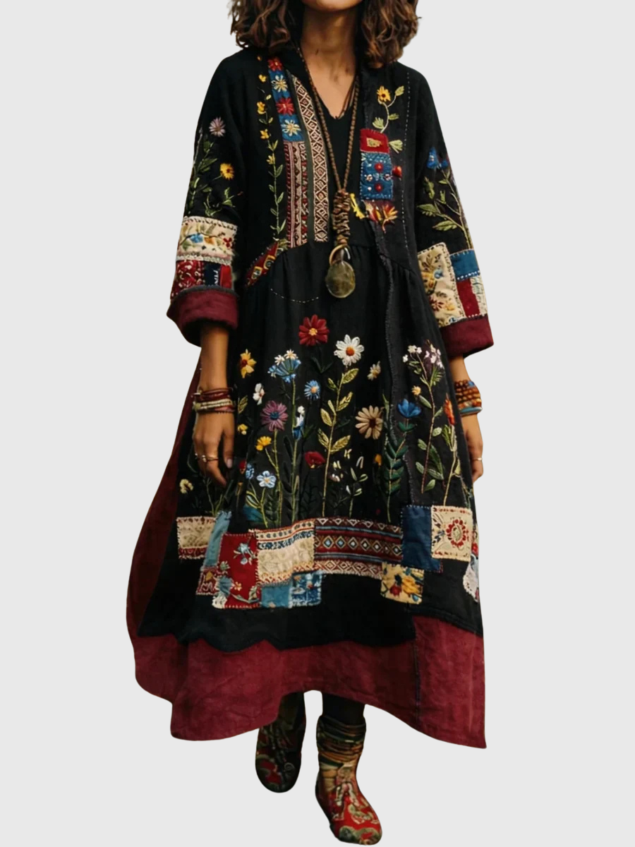 Aurelia™ | Boho Langarmkleid mit Patchwork Blumenmuster