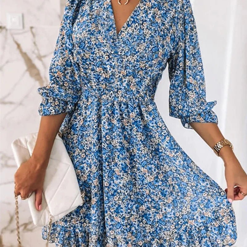 Luviaren™ | Midi Blumenkleid mit V-Ausschnitt und Puffärmeln