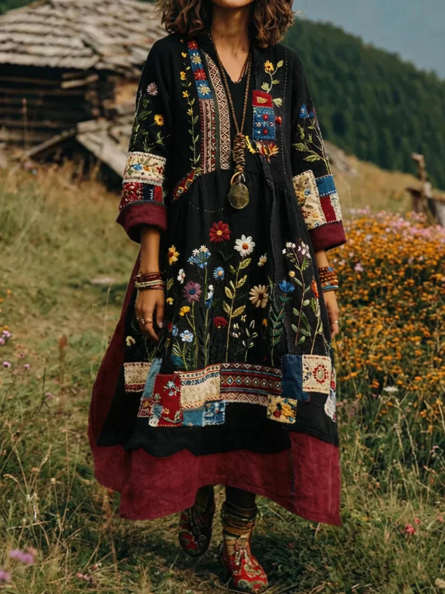 Aurelia™ | Boho Langarmkleid mit Patchwork Blumenmuster