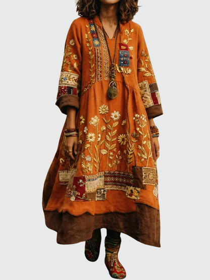 Aurelia™ | Boho Langarmkleid mit Patchwork Blumenmuster