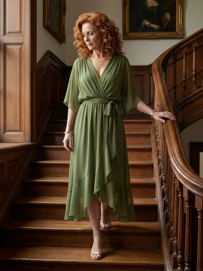 Luviaren™ | Midi-Kleid mit Drapierung und Bindegürtel