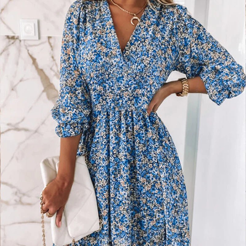 Luviaren™ | Midi Blumenkleid mit V-Ausschnitt und Puffärmeln