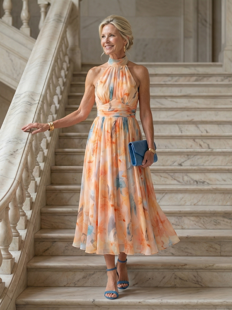 Aurelis™ | Midi-Kleid mit Halterneck und gerafftem Oberteil