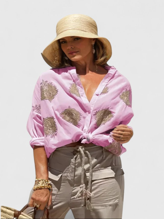 Valerien™ | Damen Bluse mit floraler Stickerei und Roll-up Ärmeln