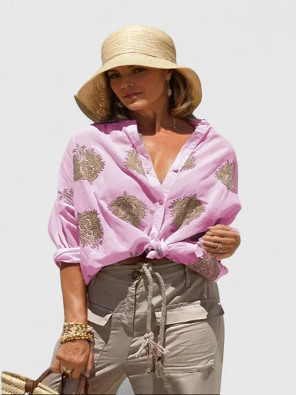 Valerien™ | Damen Bluse mit floraler Stickerei und Roll-up Ärmeln