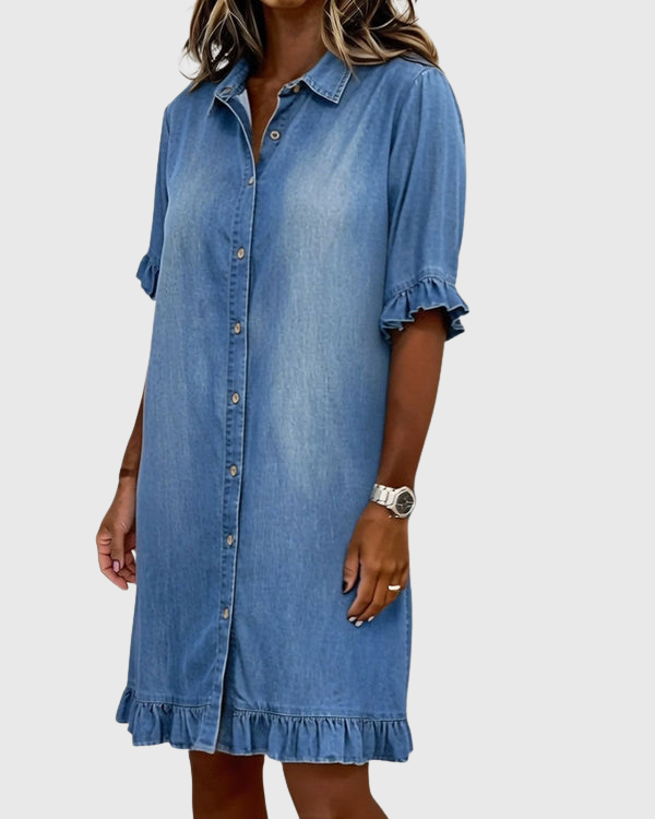 Aurelis™ | Denim-Kleid mit Knopfleiste und Rüschen