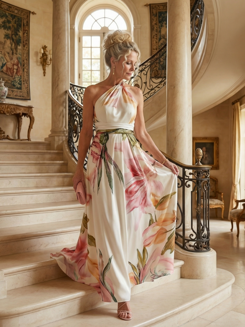 Aurelis™ | Ärmelloses Maxikleid mit Halterneck und Blumenmuster