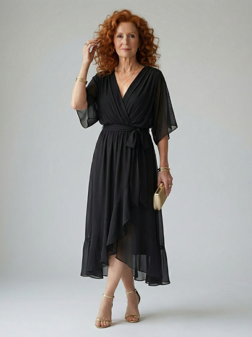 Luviaren™ | Midi-Kleid mit Drapierung und Bindegürtel