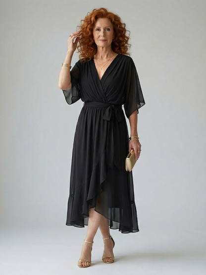 Luviaren™ | Midi-Kleid mit Drapierung und Bindegürtel
