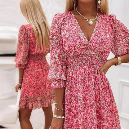 Luviaren™ | Midi Blumenkleid mit V-Ausschnitt und Puffärmeln