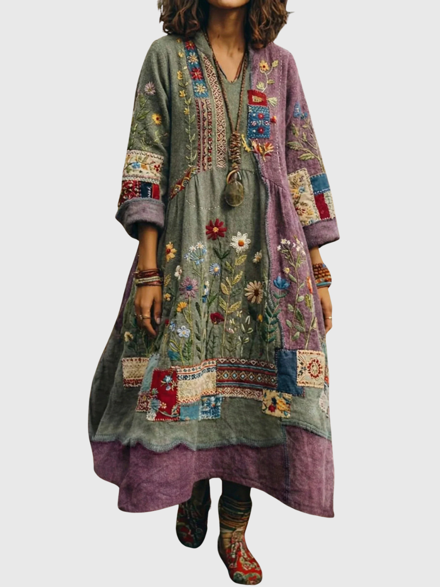 Aurelia™ | Boho Langarmkleid mit Patchwork Blumenmuster