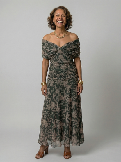 Aurelis™ | Off-Shoulder Midi Kleid mit drapiertem Ausschnitt