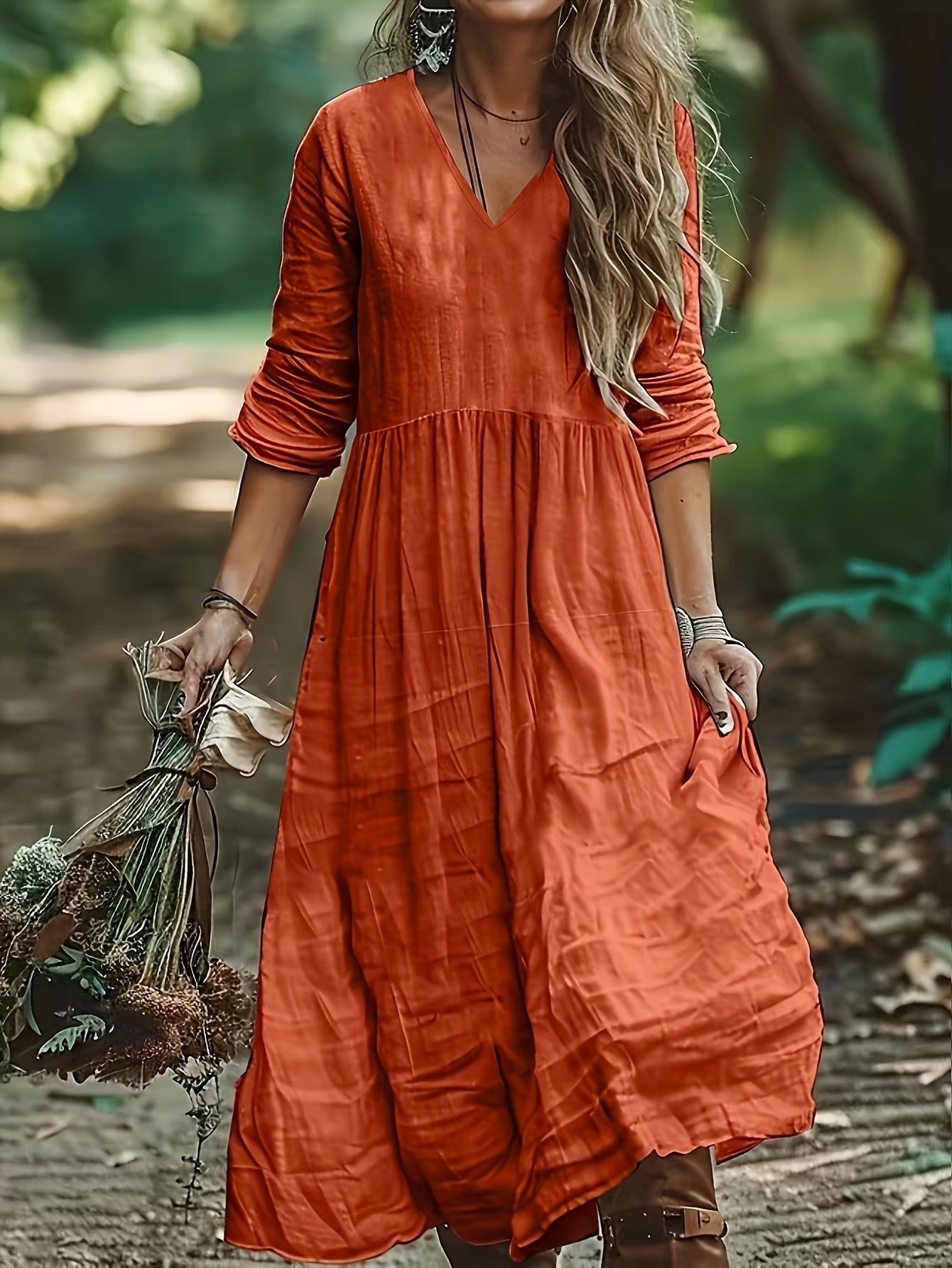 Aureliah™ | Langarmkleid mit V-Ausschnitt und Boho Passform