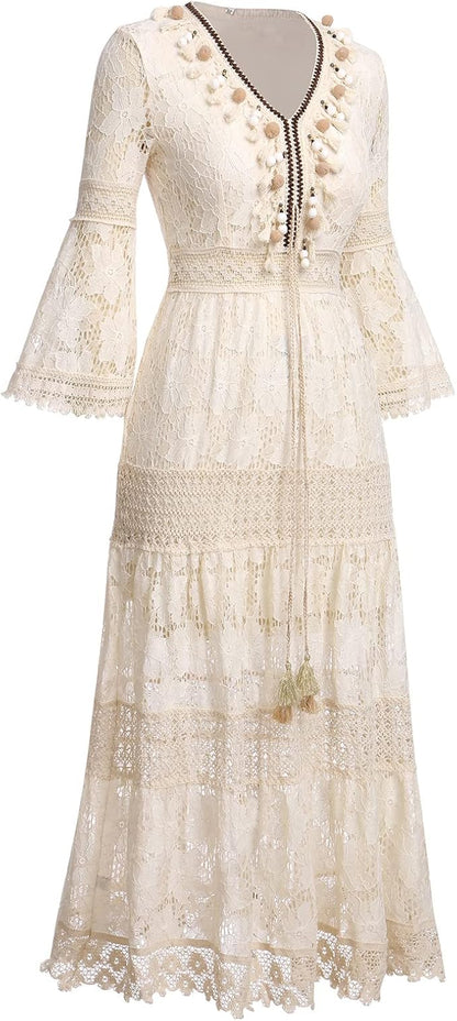 Veldora™ | Boho Spitzenkleid mit Glockenärmeln