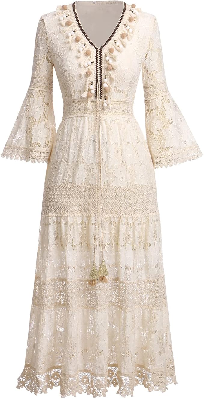 Veldora™ | Boho Spitzenkleid mit Glockenärmeln