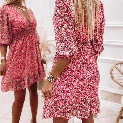 Luviaren™ | Midi Blumenkleid mit V-Ausschnitt und Puffärmeln