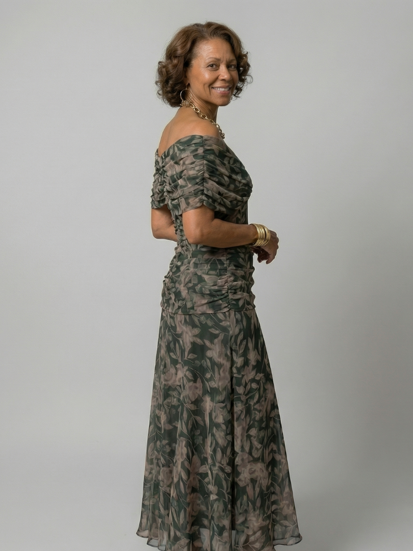 Aurelis™ | Off-Shoulder Midi Kleid mit drapiertem Ausschnitt