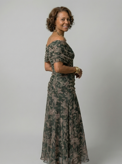 Aurelis™ | Off-Shoulder Midi Kleid mit drapiertem Ausschnitt