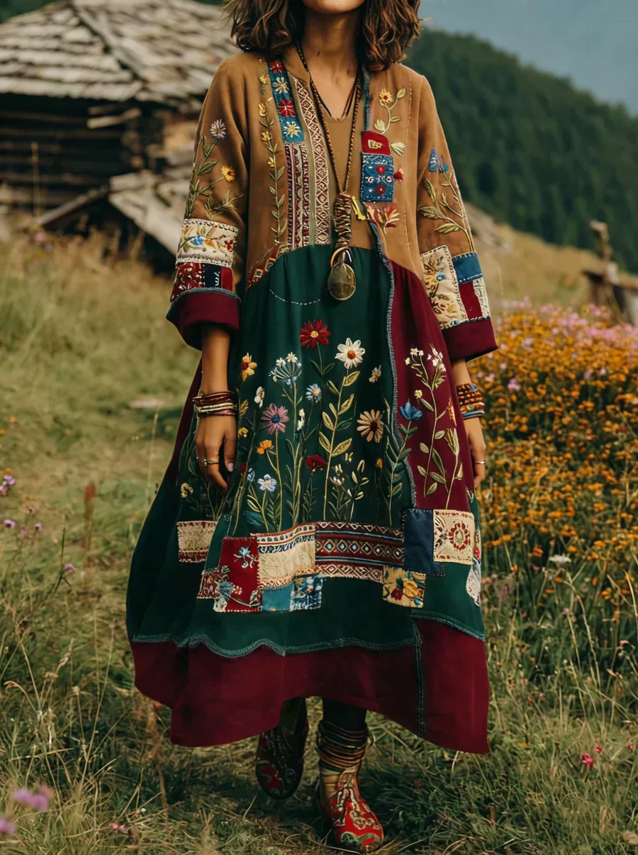 Aurelia™ | Boho Langarmkleid mit Patchwork Blumenmuster