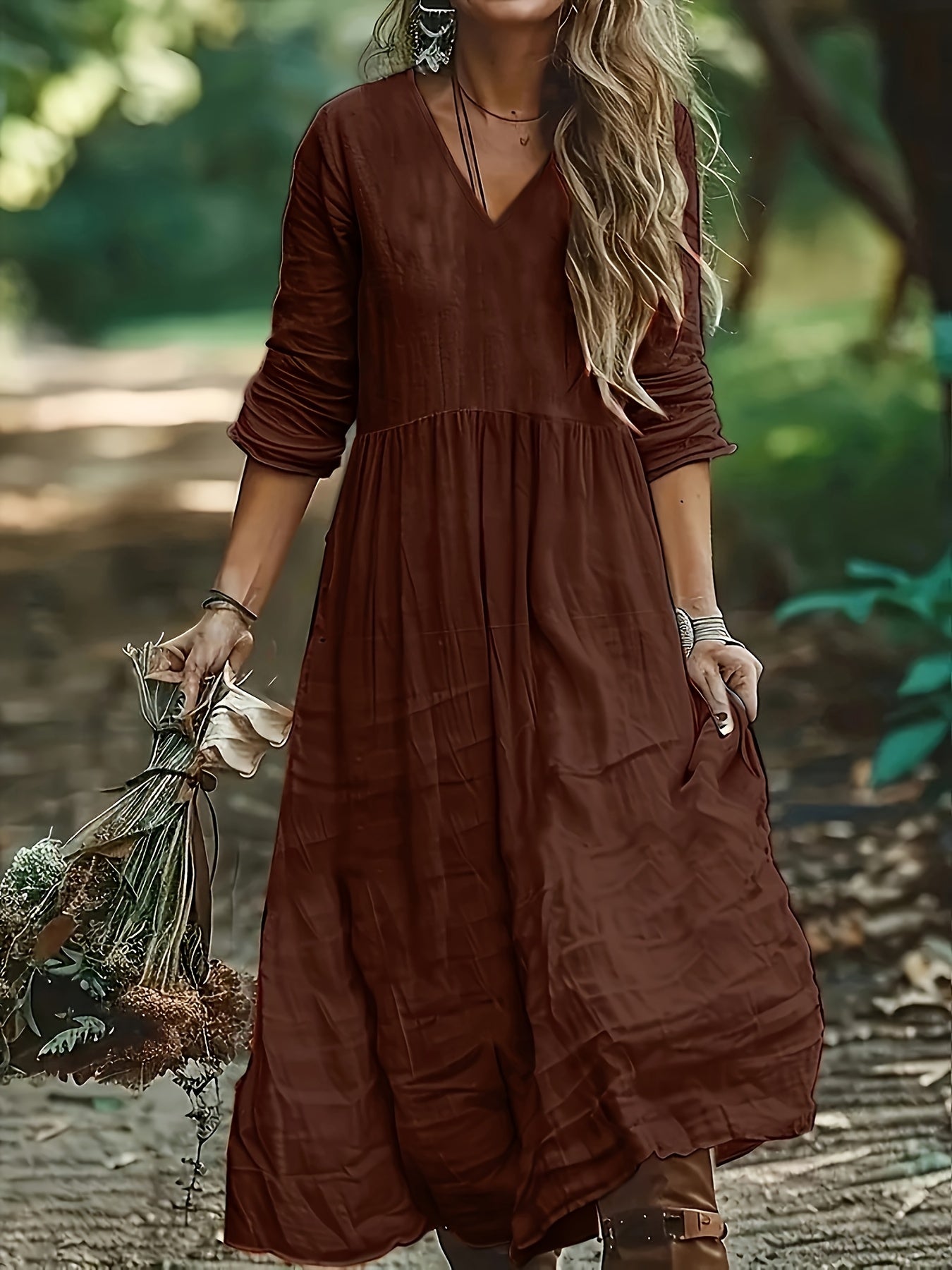 Aureliah™ | Langarmkleid mit V-Ausschnitt und Boho Passform
