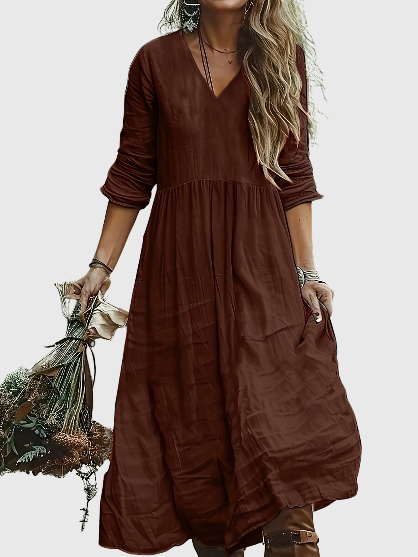 Aureliah™ | Langarmkleid mit V-Ausschnitt und Boho Passform